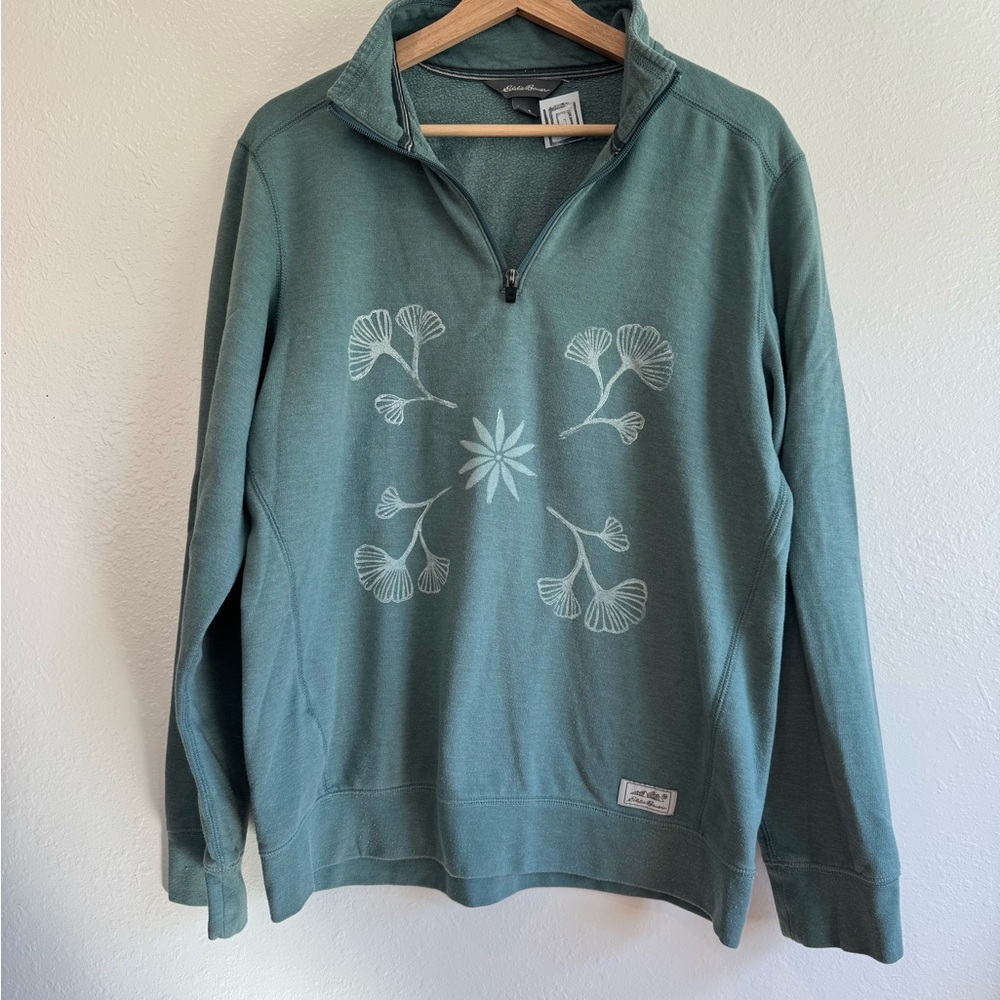 Eddie Bauer Light Teal Floral Gingko Leaf Printed Half-Zip Pullover Sweatshirt